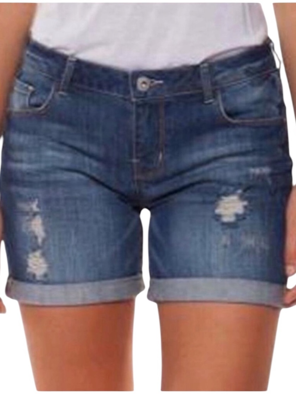 Dex Modern Relaxed Lenox Boyfriend Indigo Blue Rolled Hem Destructed Shorts 32
